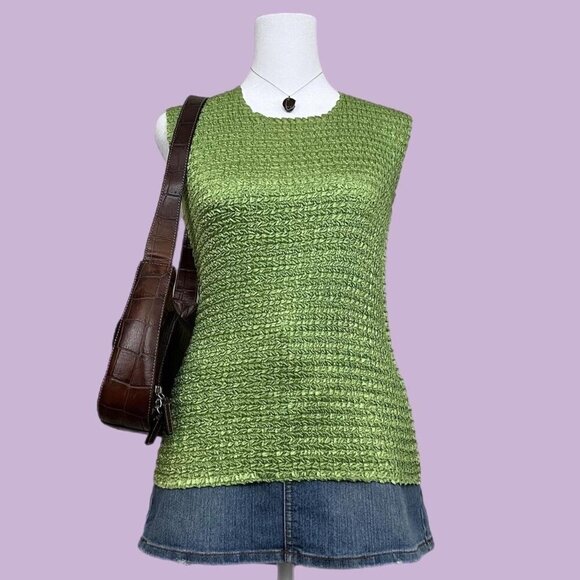 green textured vintage 90s sleeveless popcorn stretchy top - Picture 1 of 8